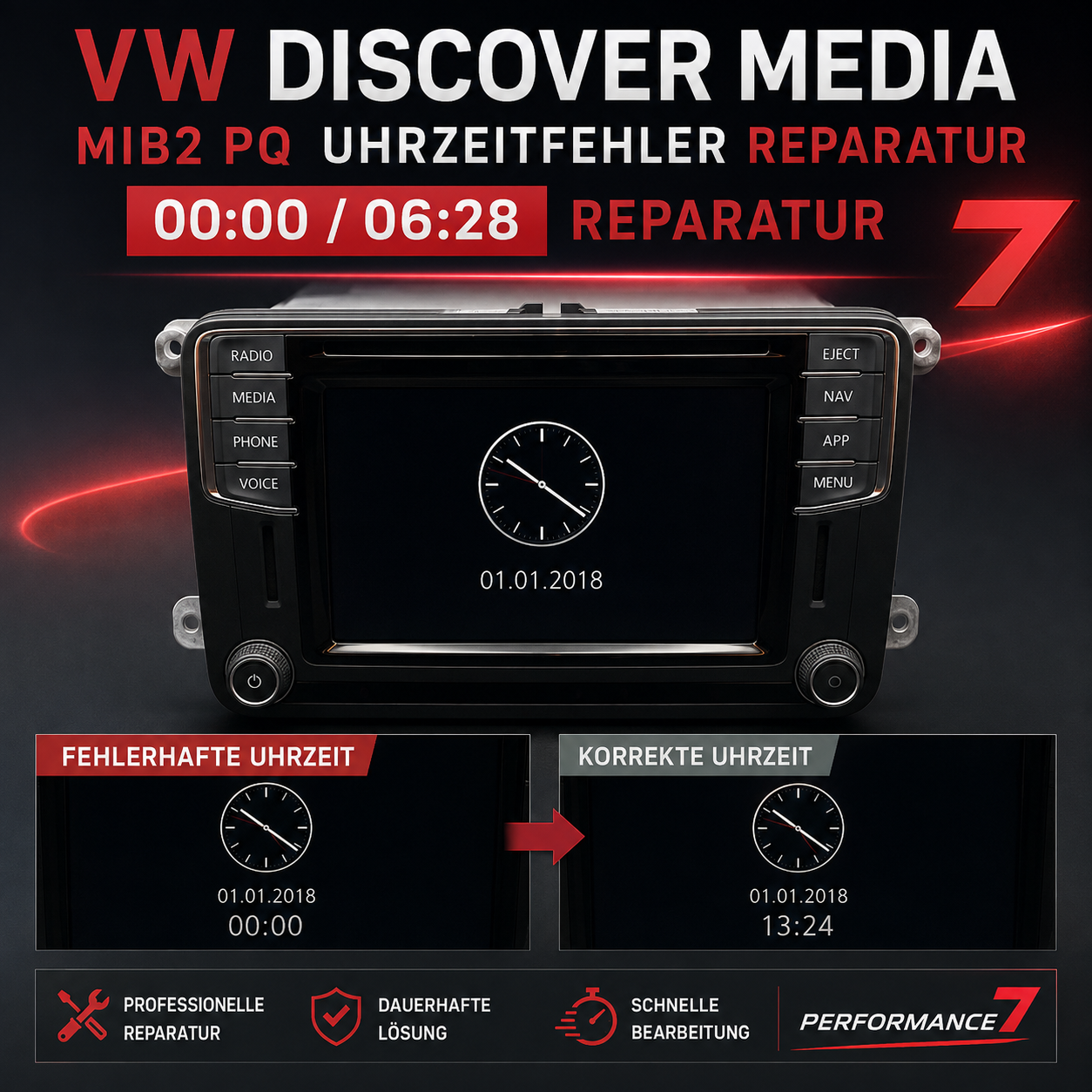 VW Discover Media MIB2 PQ Uhrzeitfehler 00:00 / 06:28 Reparatur